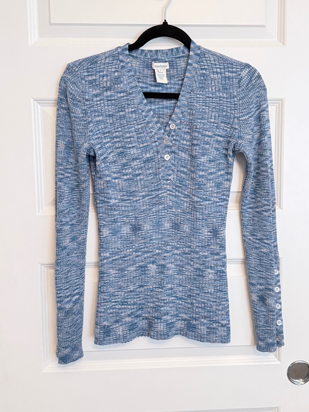 Sundance Soft Blue Marled Ribbed Henley Long Sleeve Size S